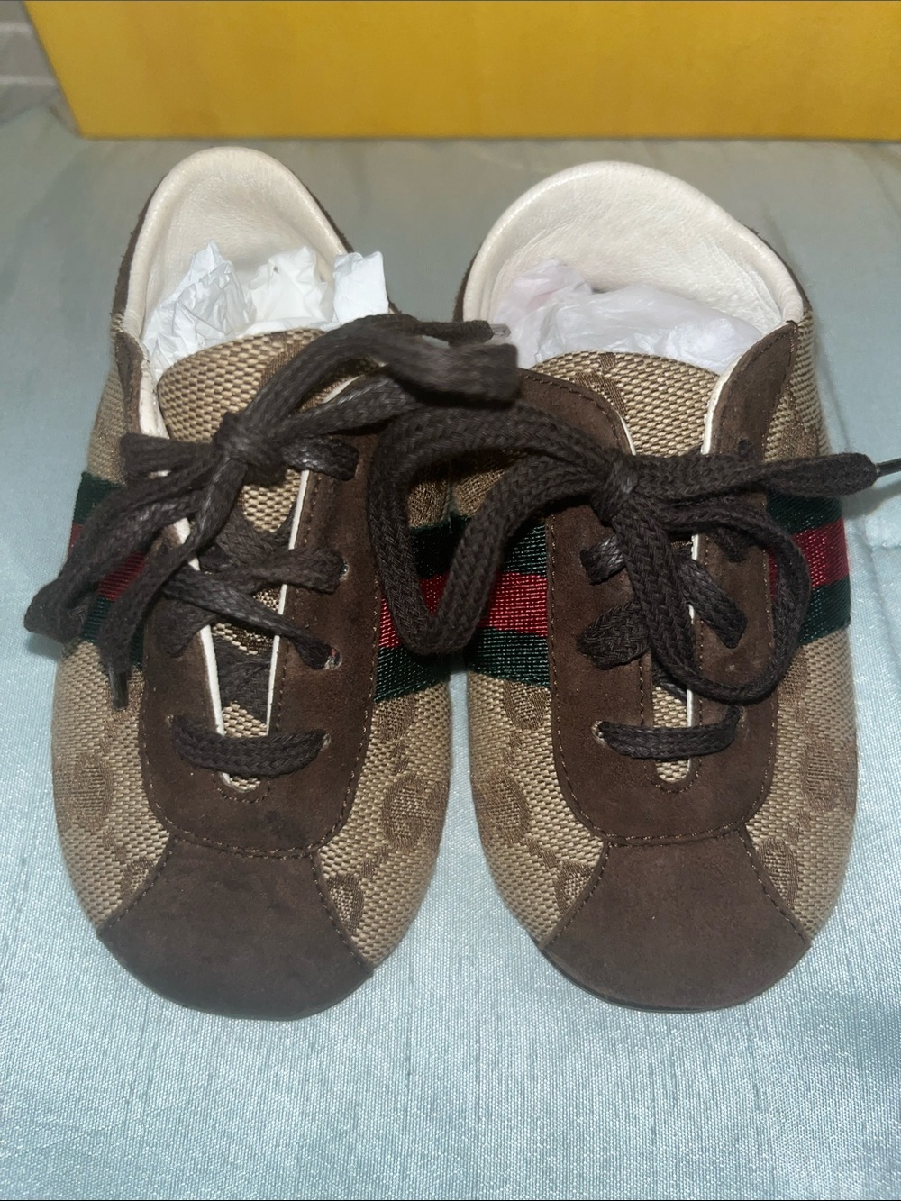 Gucci Kids Brown Canvas & Suede Sneakers with Red-Green Web